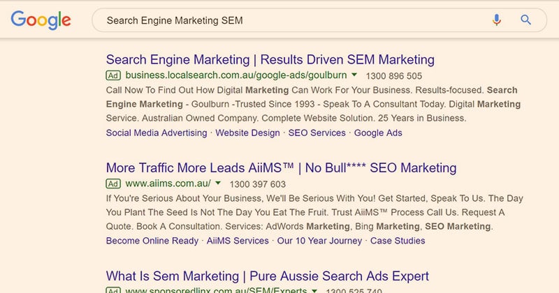 Search engine marketing (SEM) example
