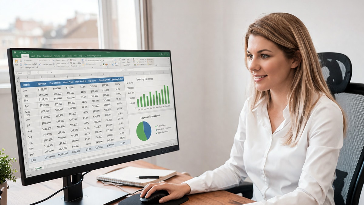 Administration officer using Microsoft Excel on a desktop computer, working at a desk with a spreadsheet open on screen