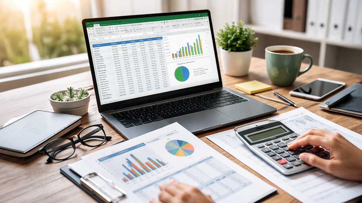 Laptop displaying a Microsoft Excel spreadsheet with charts while hands use a calculator and review printed reports on a desk
