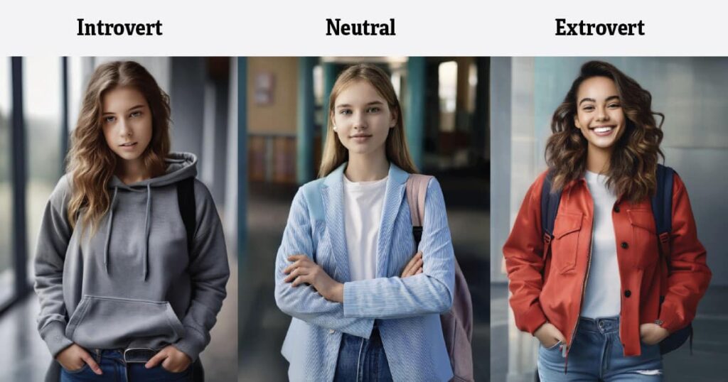 Intrpvert, neutral and extrovert high school girls