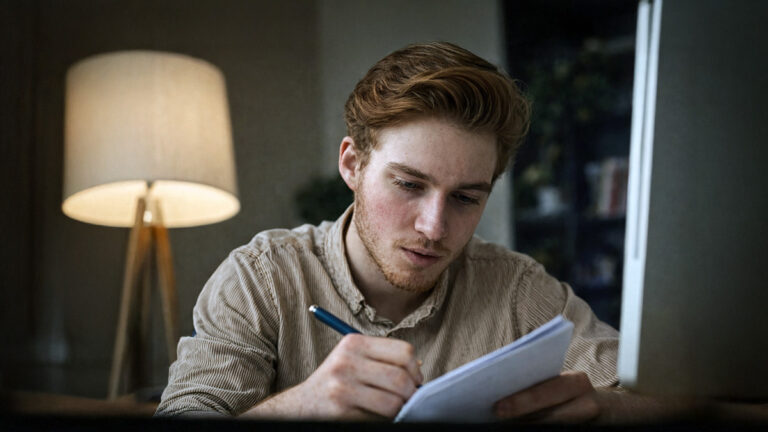 Male college student filling in form at desk