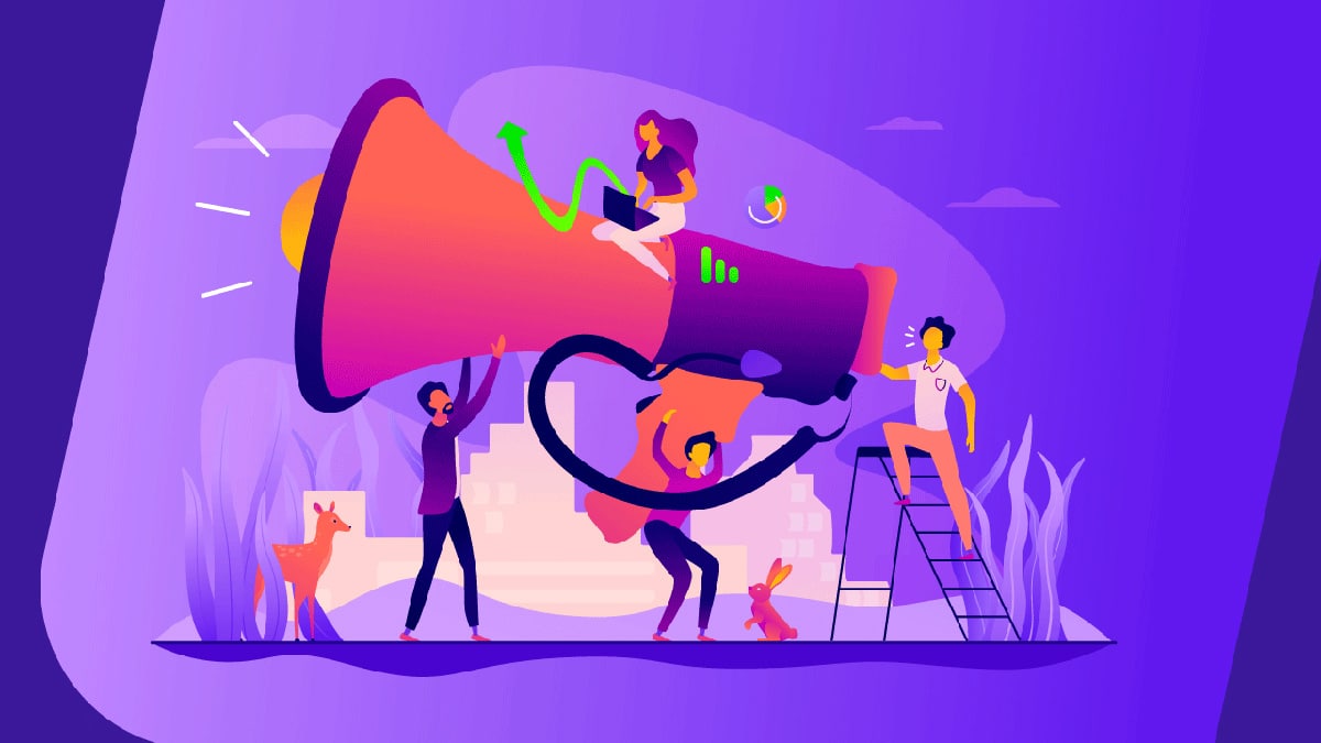 Marketing campaign professionals with megaphone