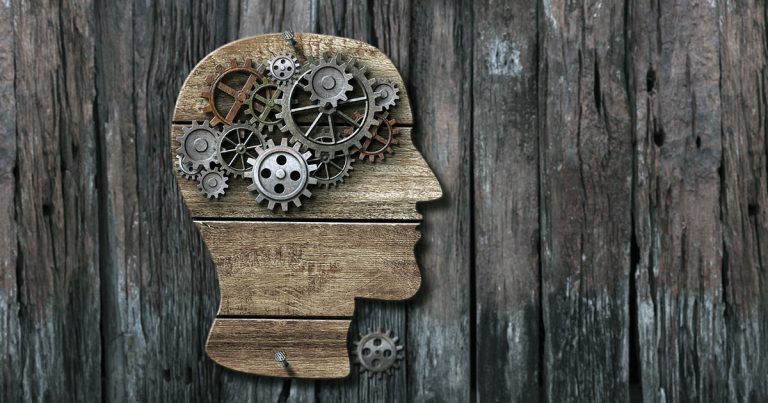 Psychological mind mechanisms wood and metal cogs