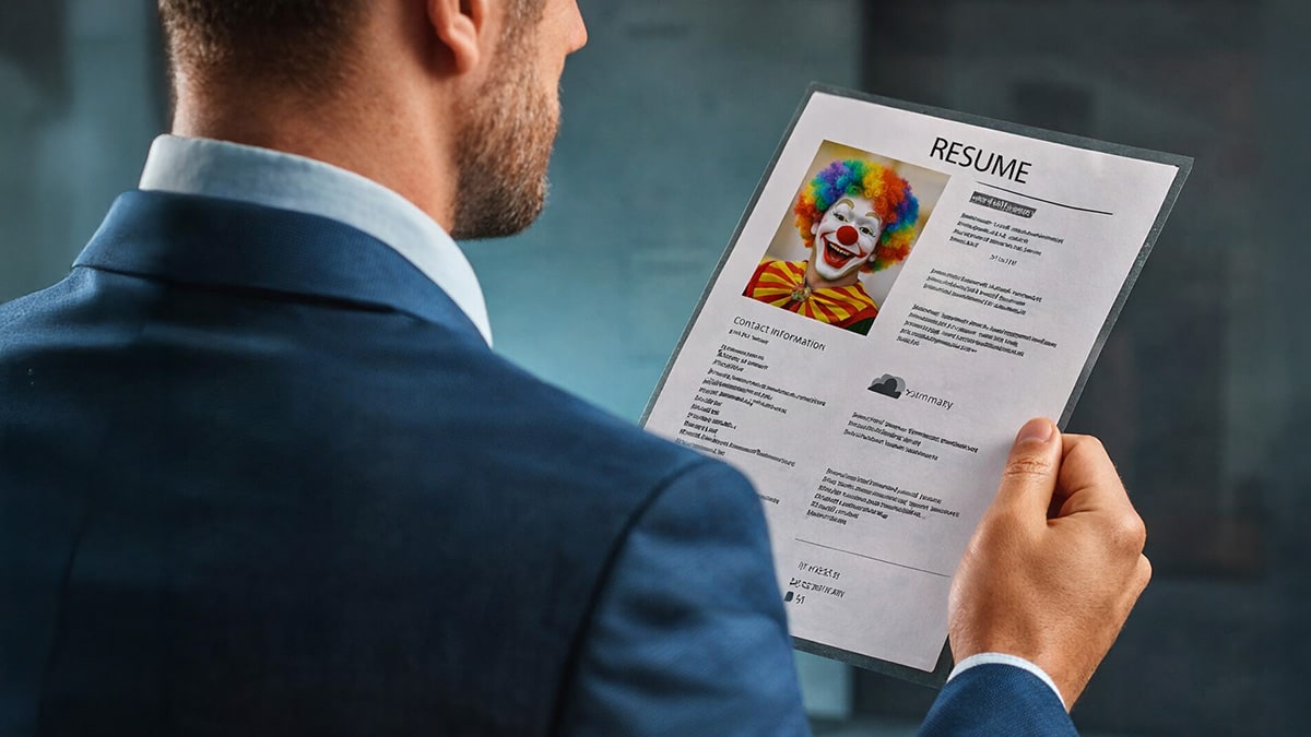 Recruiter holding a resume with a clown picture