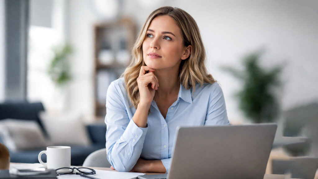 Woman contemplating at laptop