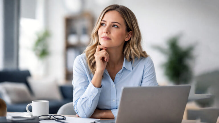 Woman contemplating at laptop
